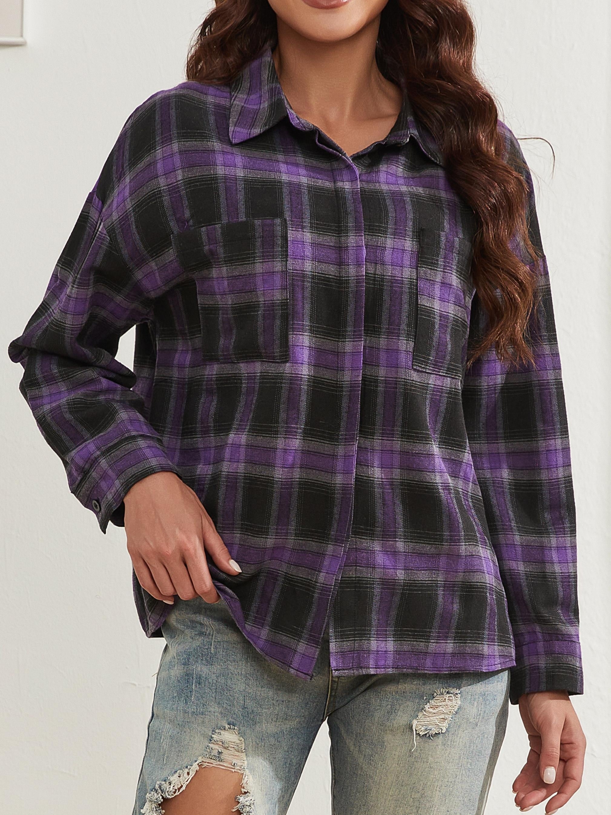 Women's Casual Plaid Long Sleeve Shirt Polyester Spring/Fall Button Collar