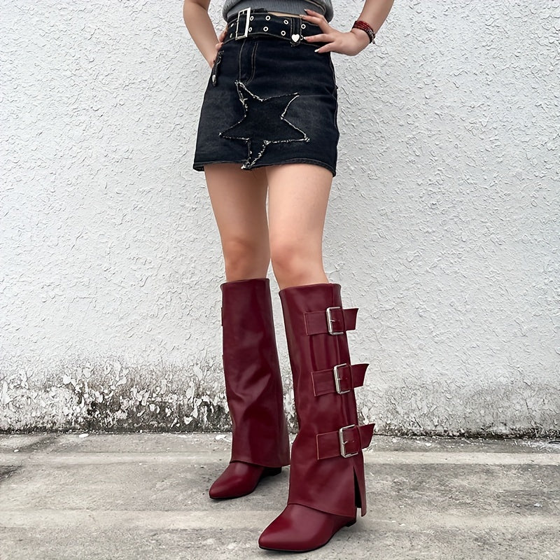 Women's Black Knee-High Boots with Buckle Straps Pointed Toe Wedge Heel