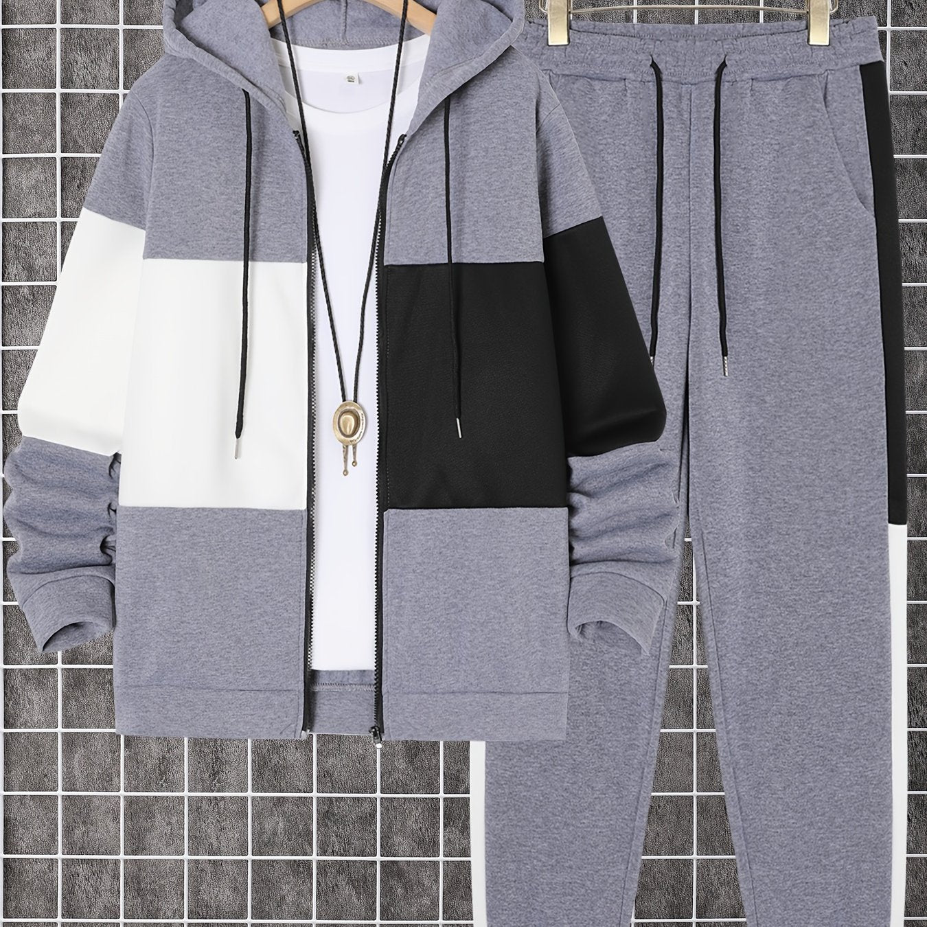 Men's Color Block Polyester Tracksuit with Hooded Zip Up Hoodie and Jogging Pants for Gym and Running