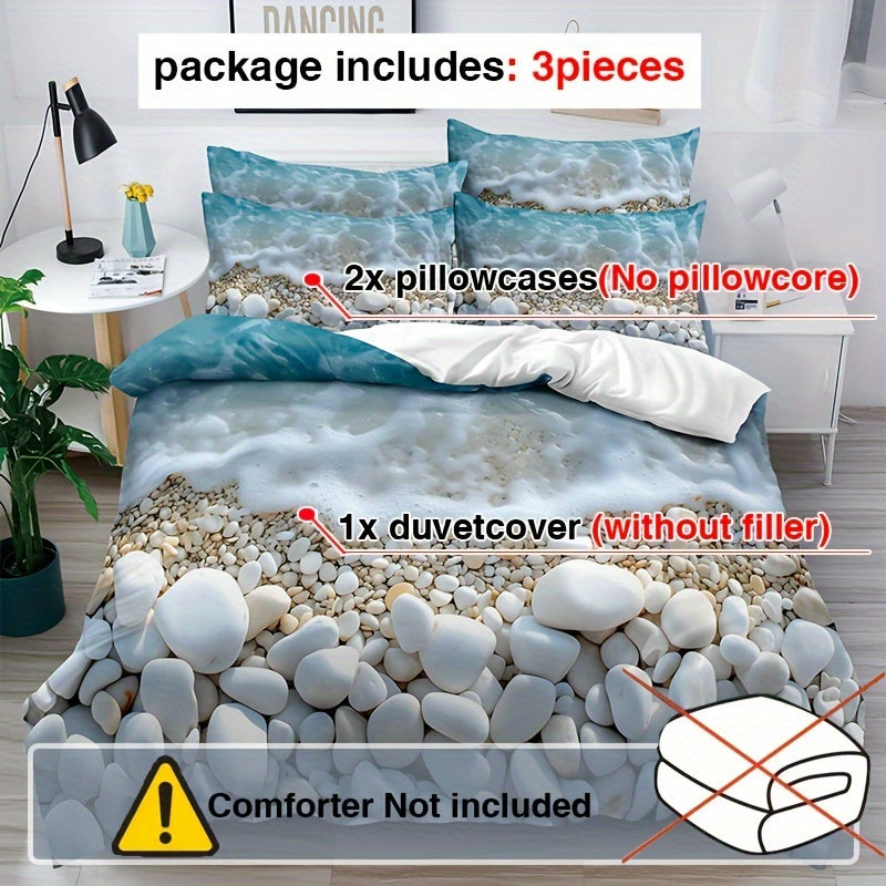 3-Piece Beach Pebble Bedding Set with Blue and White Marble Pattern Polyester Duvet Cover and Pillowcases