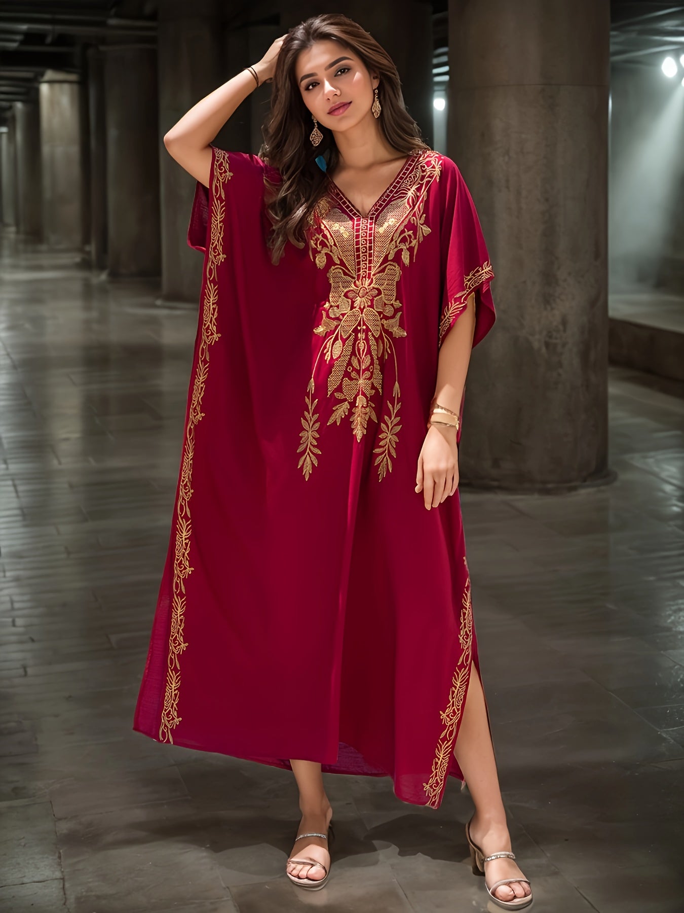 Ayollar uchun katta o'lchamli tikilgan batwing qo'lqopli V-shakllı maksi kiyi