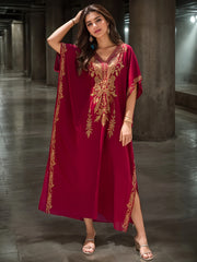 Ayollar uchun katta o'lchamli tikilgan batwing qo'lqopli V-shakllı maksi kiyi