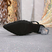 Women's Rhinestone-Embellished Pointed Toe Block Heel Pumps Black Dress Shoes