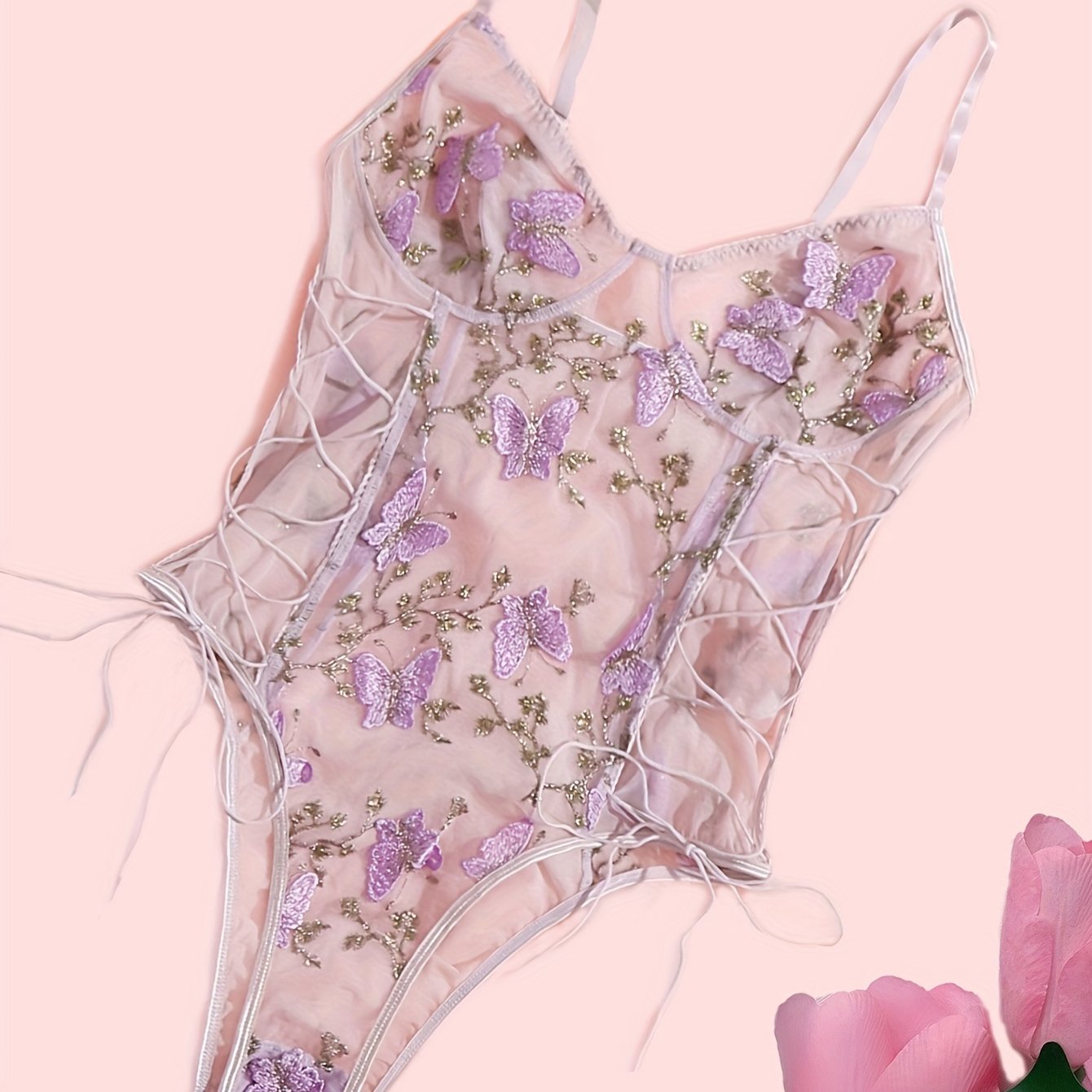 Kelebek tikilgan belbog'li teddy, chuqur V shaklidagi orqasiz thong mesh bodysuit - ayollar uchun sexy ichki kiyim.