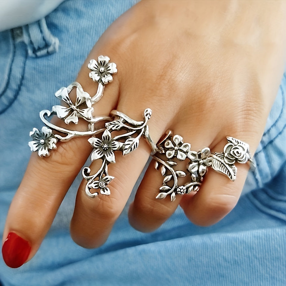 Women's Antique Silver Hollow Pattern Stackable Ring Set Ethnic Style
