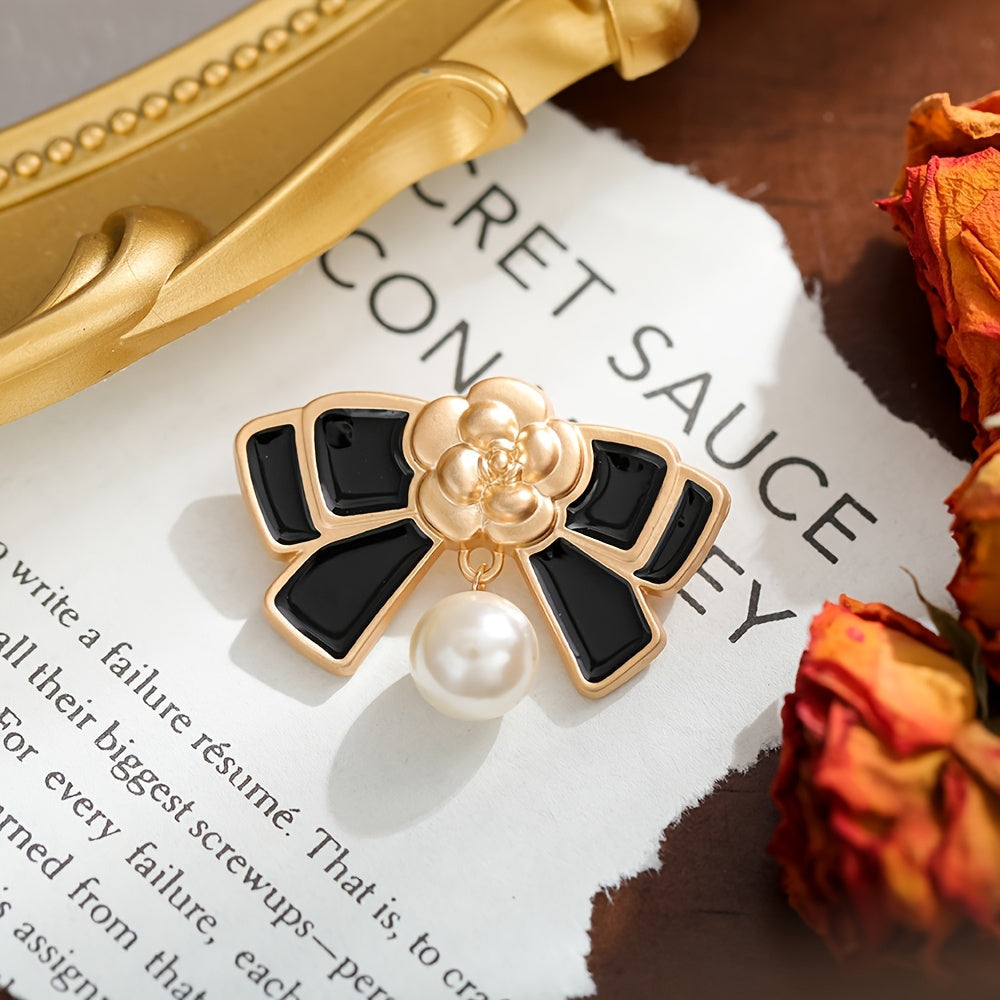 Vintage Style Camellia Brooch with Faux Pearl and Stainless Steel