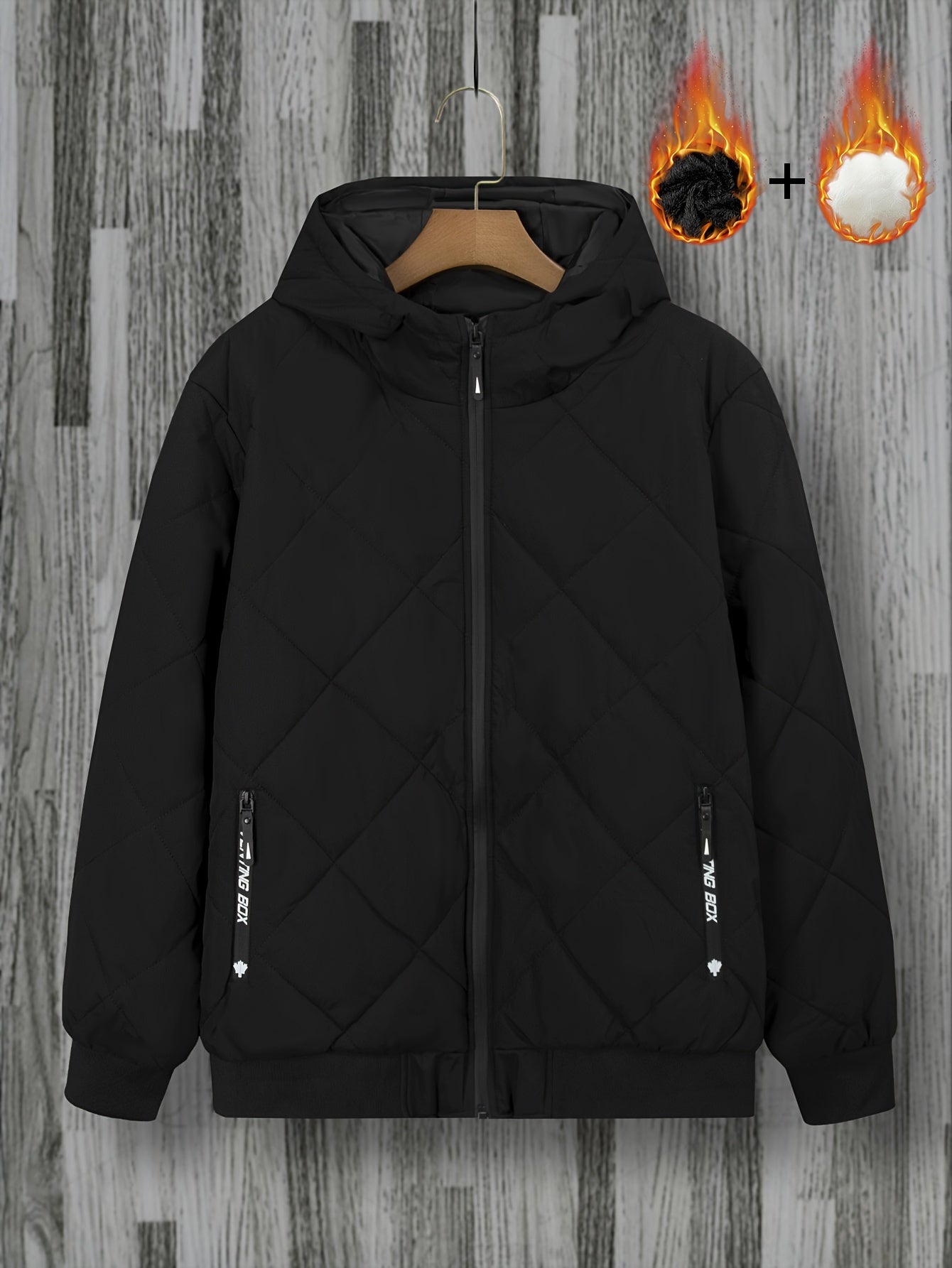 Men's Gray Quilted Hoodie Jacket with Zip Pockets Plus Size Fall Winter Polyester