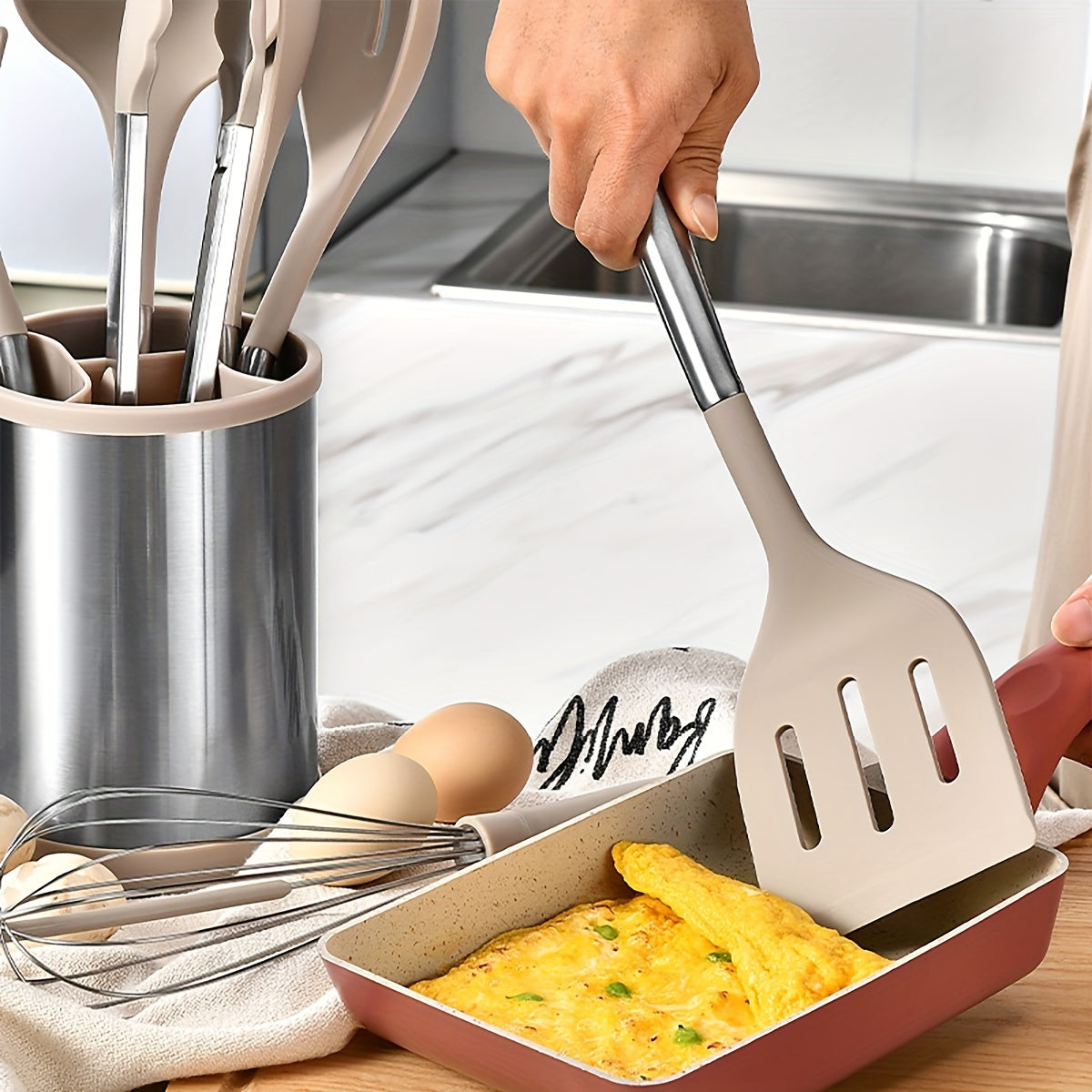 Silicone Kitchen Utensil Set 9 Pieces Non-Stick Cooking Tools with Stainless Steel Handles