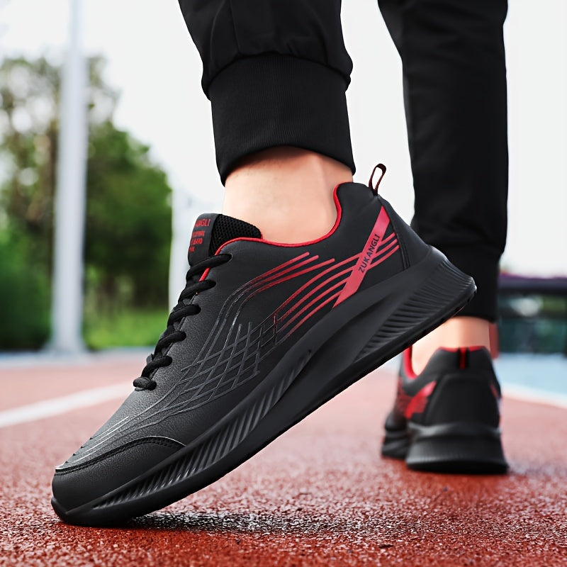 Men's Low Top Sneakers with Lace-Up Closure Durable PU Upper Solid Color Casual Shoes