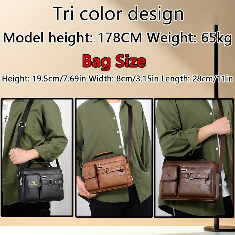 Men's PU Business Crossbody Bag Light Brown Adjustable Shoulder Strap for Office and Casual Use