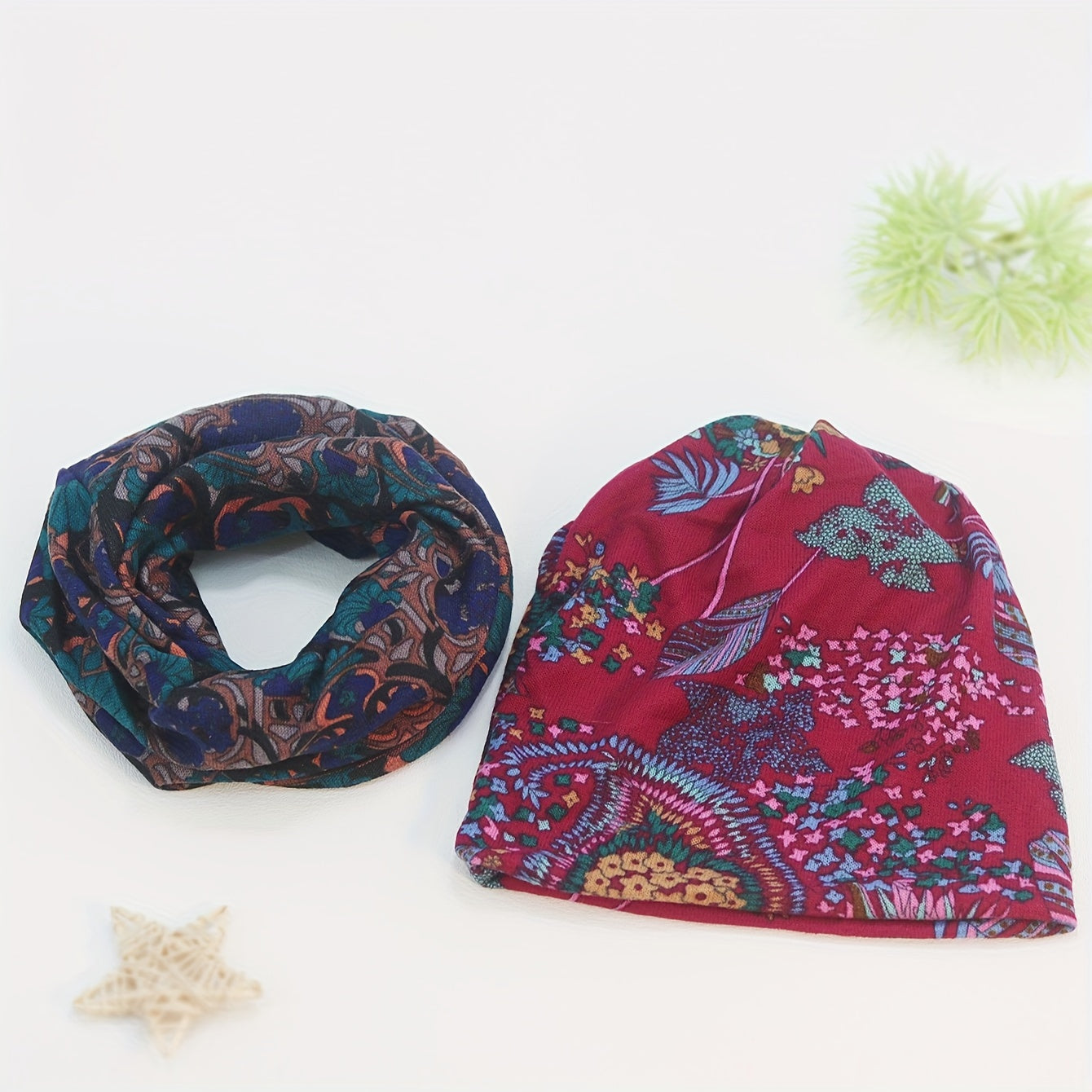 Set of 2 Retro Print Neck Gaiters Boho Style Soft Warm Winter Windproof Infinity Scarves