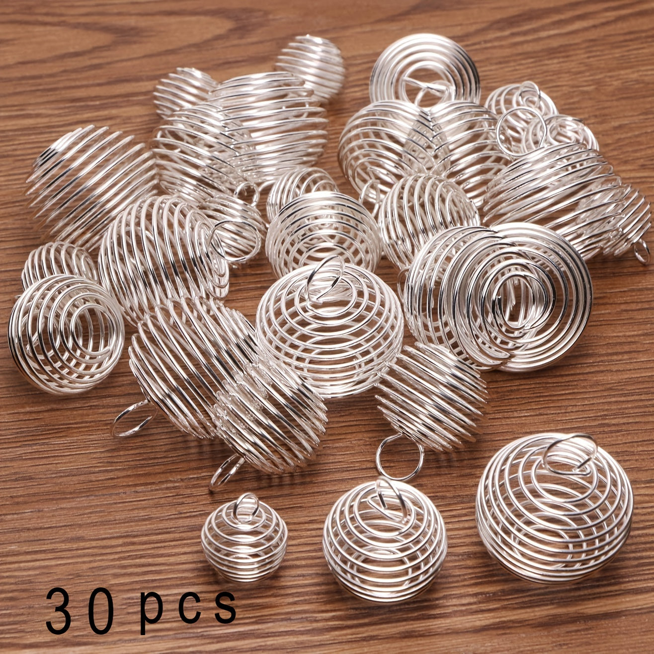 Set of 30 Silver Spiral Bead Cage Pendants in 3 Sizes for Jewelry Making and Necklaces