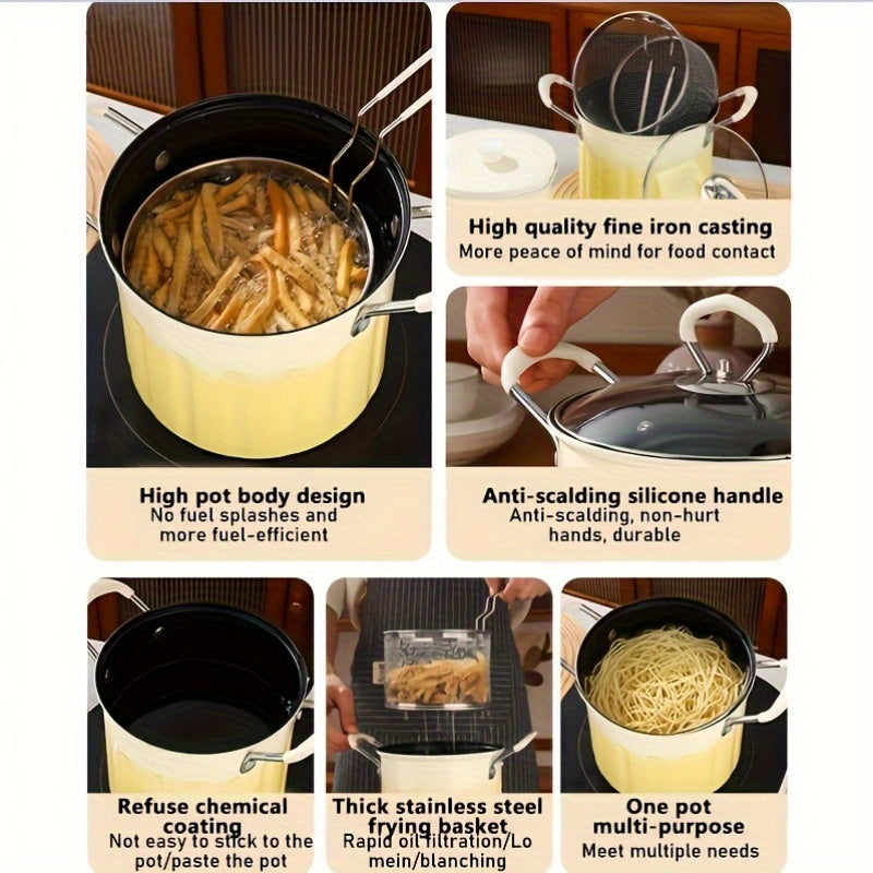 Ko‘p maqsadli qovurish uchun zanglamaydigan po‘latdan yasalgan filtrli yuqori samarali chuqur qovurish moslamasi, elektr va gaz plitalari uchun ideal. Frantsuz kartoshkasi, tovuq va sho‘rvalar uchun ajoyib. Mustahkam konstruktsiya.