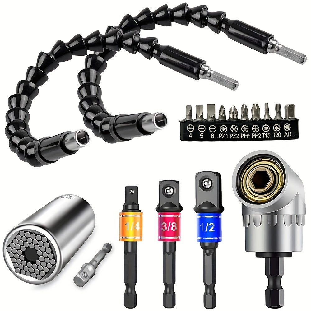 Flexible Drill Extension Hex Shank Set with Universal Socket and Screwdriver