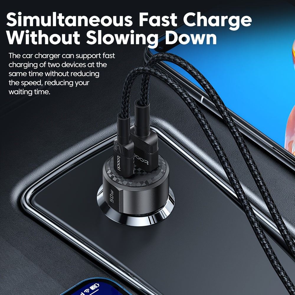 Car Charger 50W USB-C PD QC Fast Charging for Vehicles Portable Durable