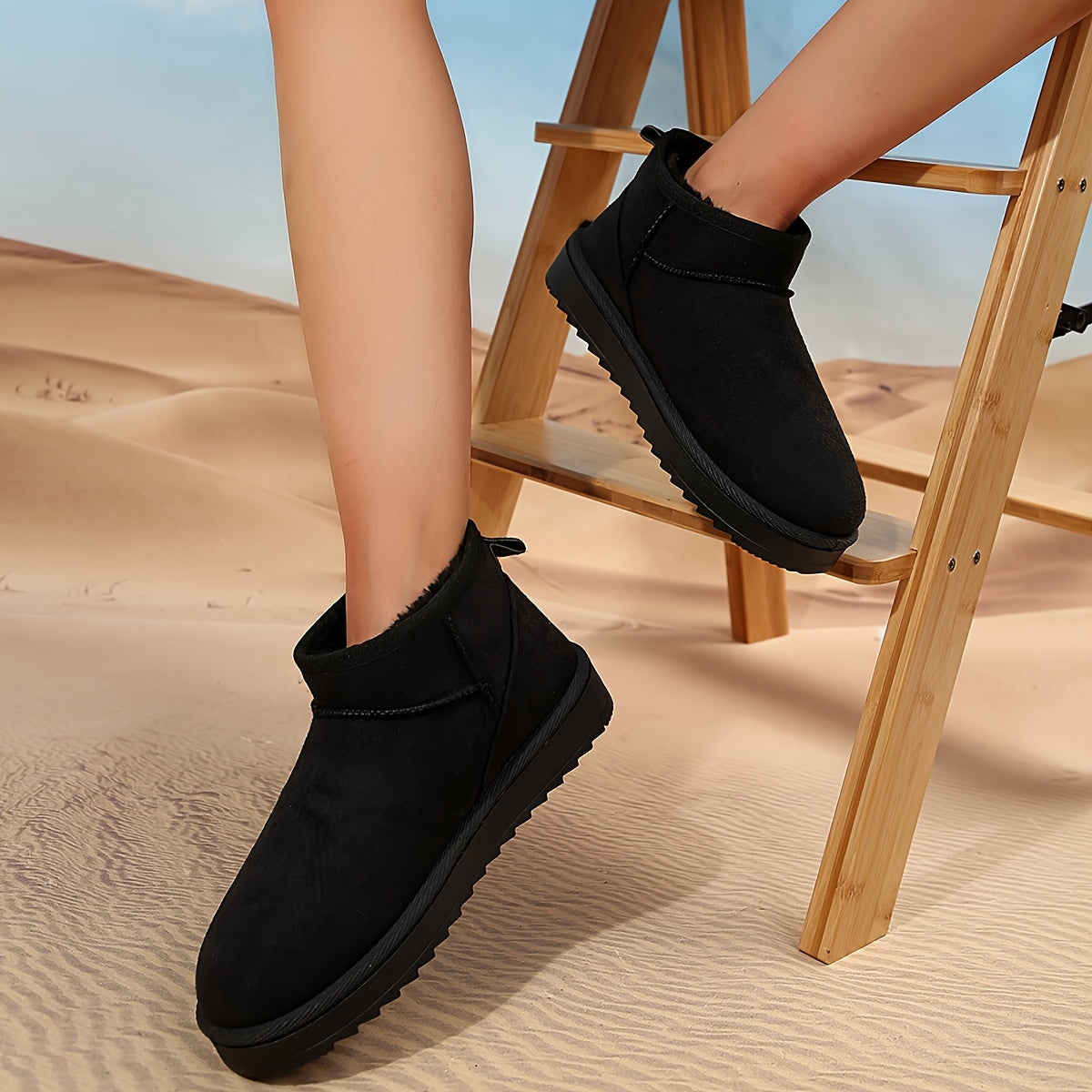 Women's Velboa Ankle Snow Boots Rubber Sole Casual Solid Color Fabric