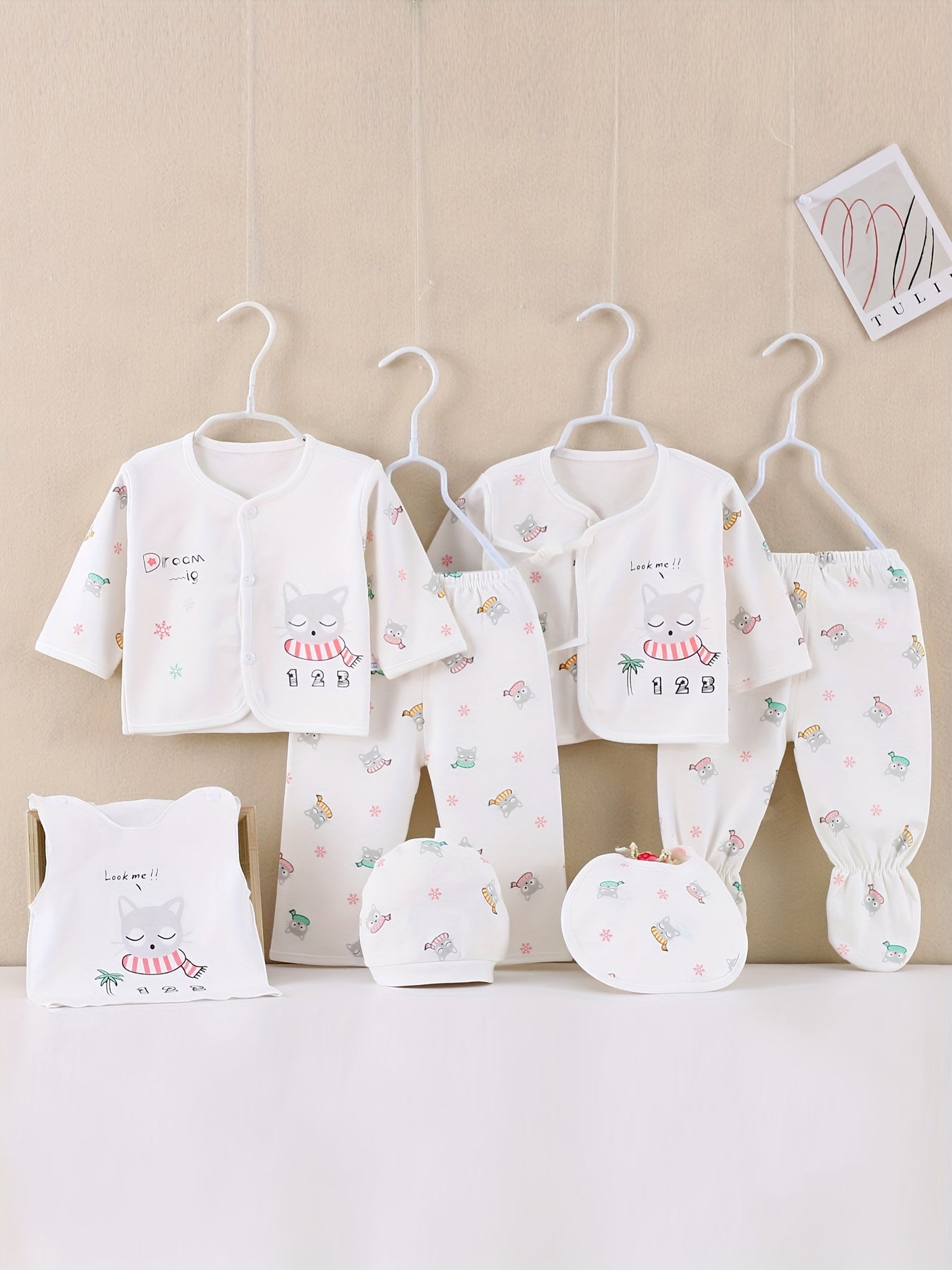 Детский 7-частный хлопковый комплект с котячим принтом для всех сезонов и активного отдыха