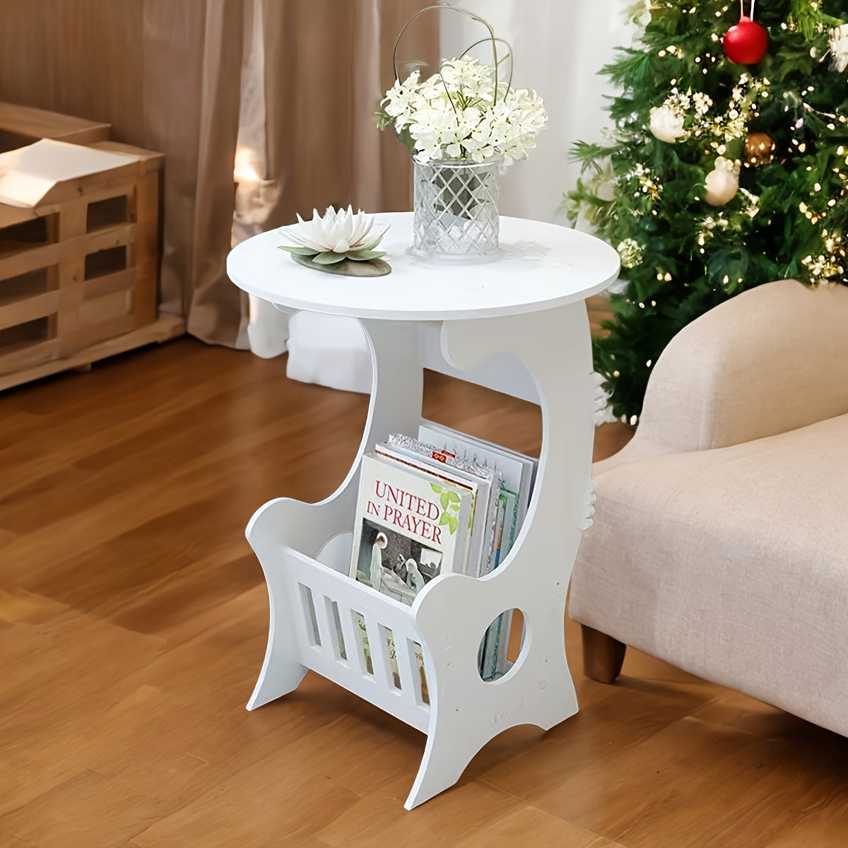 White Wooden Round Table Mini Nightstand with Open Storage for RVs and Home