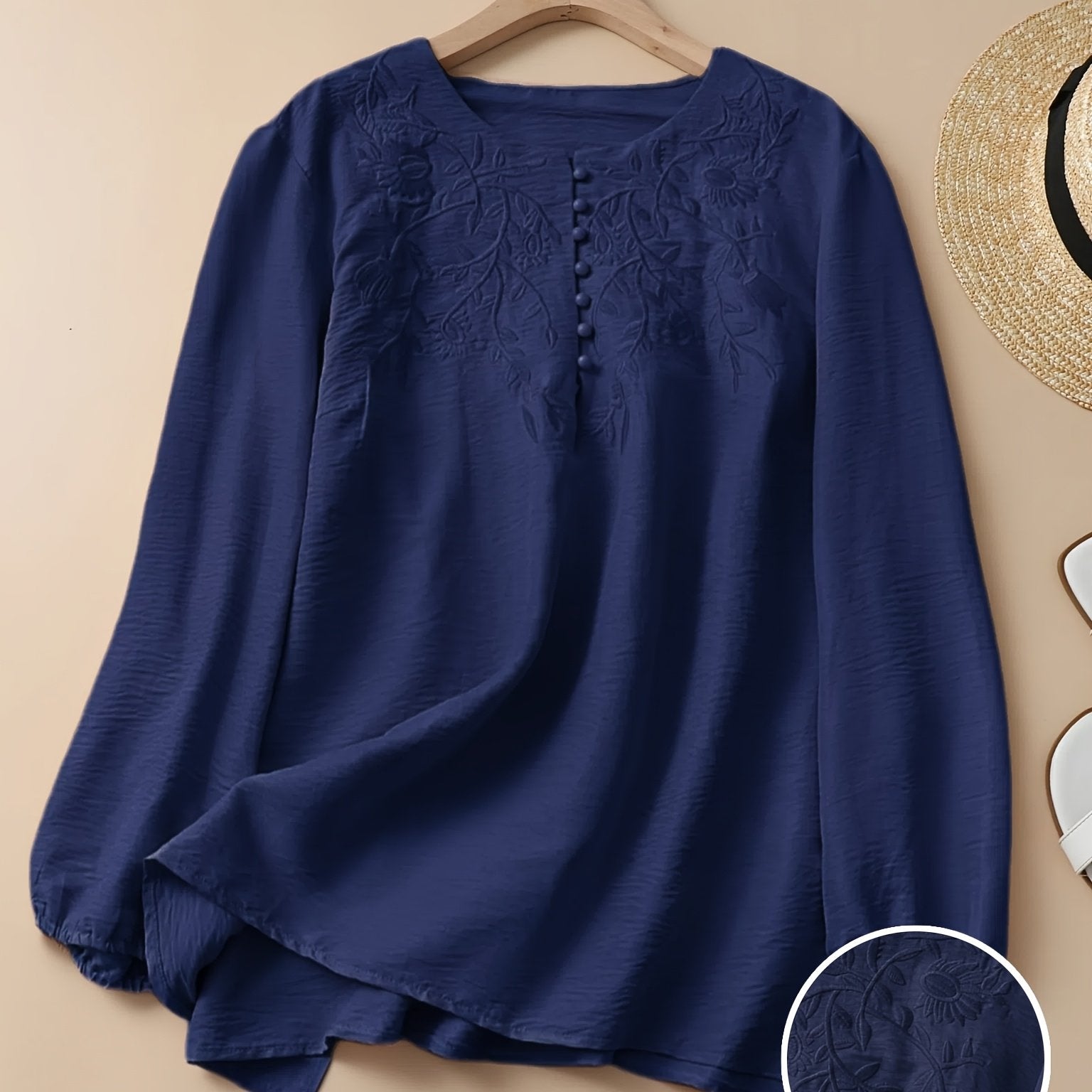 Floral Embroidered Long Sleeve Shirt for Women Made of Polyester and Spandex