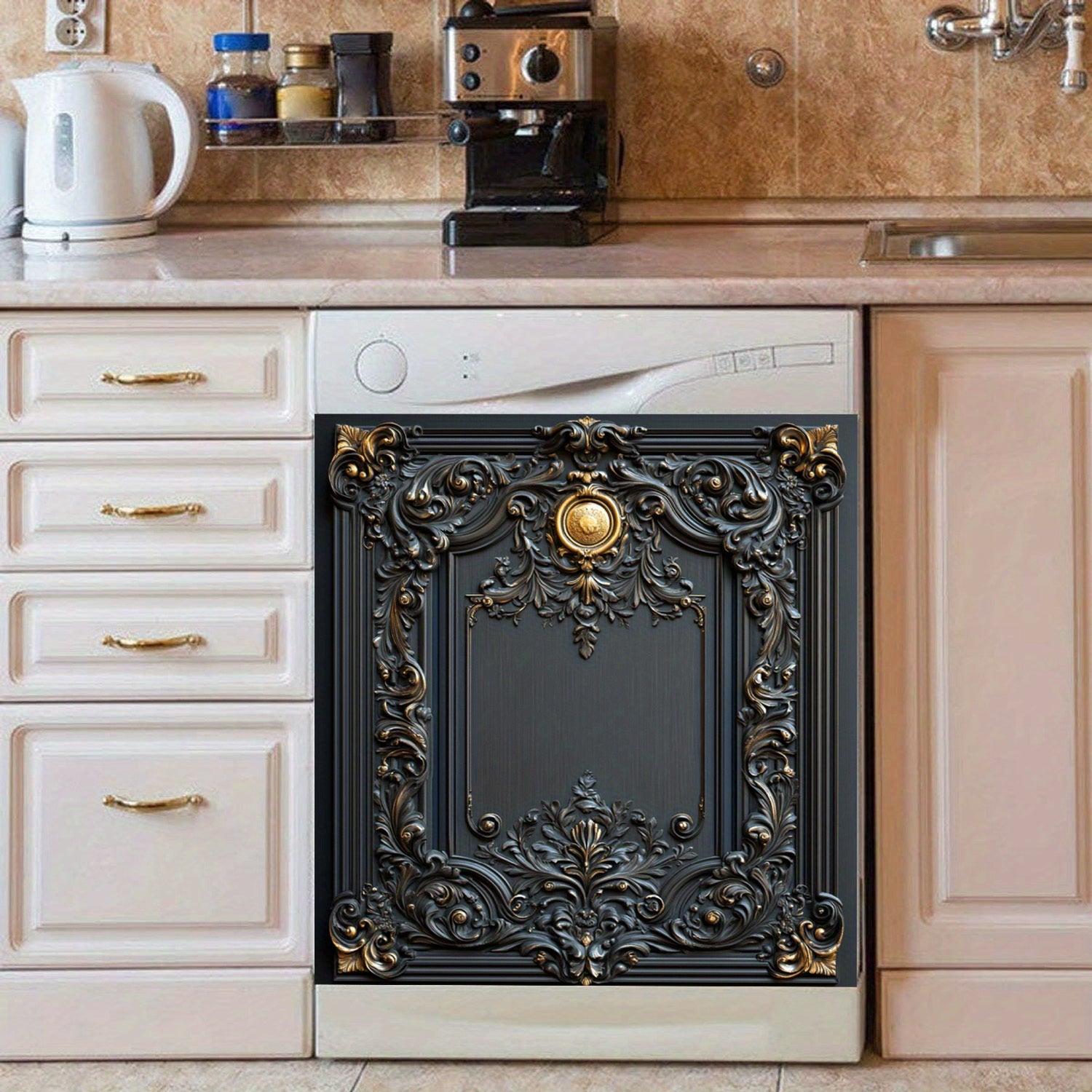 Metall oymali chekka idish-tovoq qopqog'i suv o'tkazmaydigan issiqlikka chidamli magnitli stiker 58.5x65 sm oshxona texnika paneli