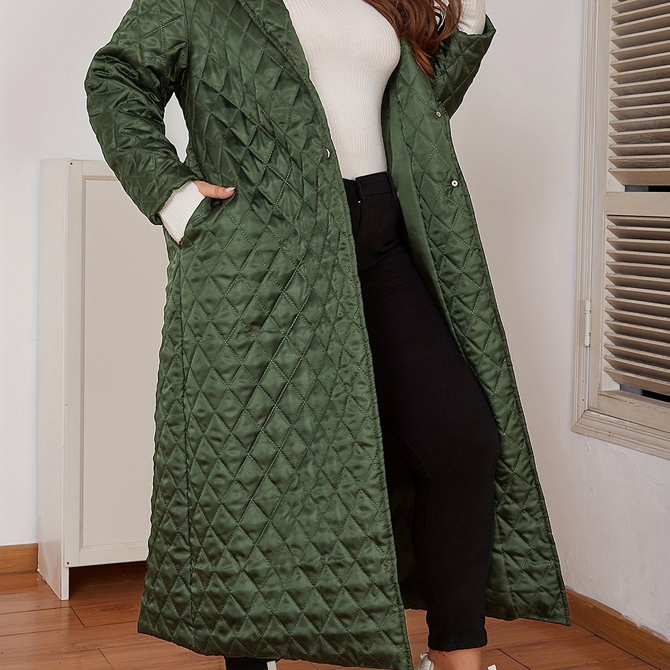 Plus Size Long Coat for Fall Winter Polyester V-Neck Solid Color Casual
