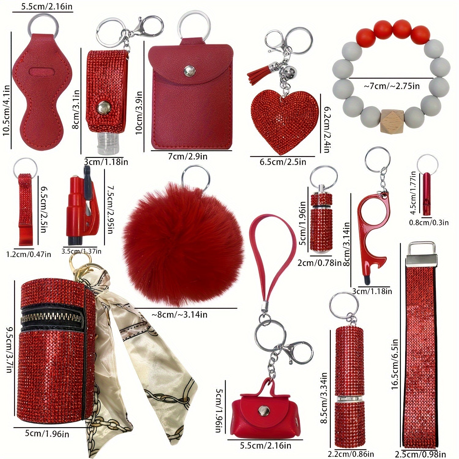 Set of 15 Rhinestone Safety Keychains with Wristlet, Pouch, Pom Pom Card Holder and Accessories