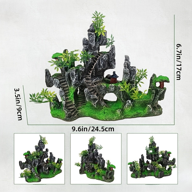 Resin Aquarium Decoration with Mountain Design and Miniature Plants