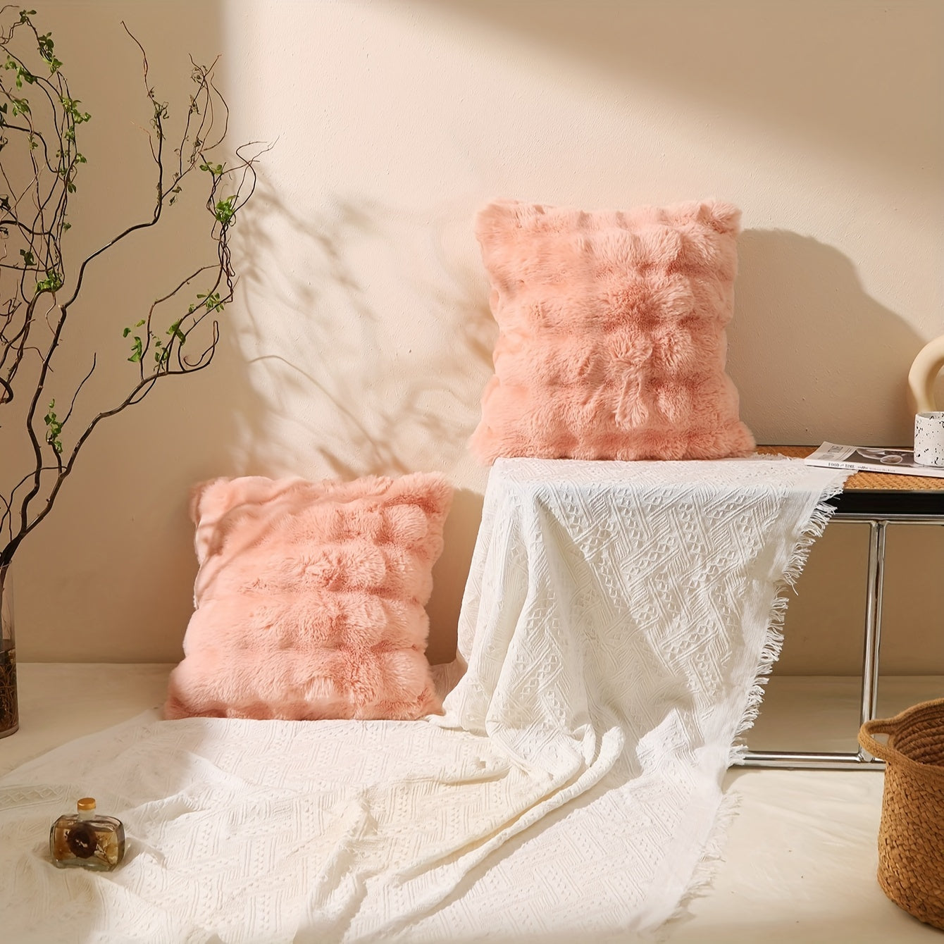 Rabbit Fur Plush Pillow Cover Reversible Sofa Cushion Case with Zipper