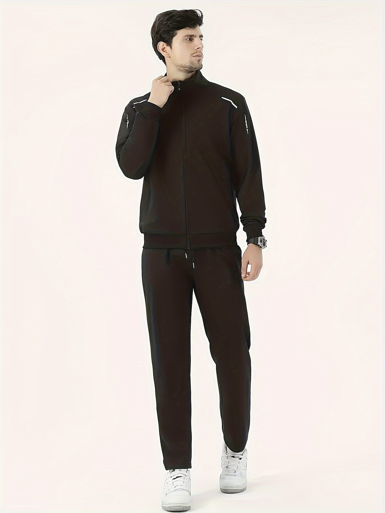 Men's Casual Sportswear Set with Zipper Jacket and Lapel Collar Polyester Knit Fabric