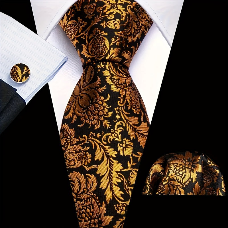 Men's Polyester Necktie Set with Woven Paisley Pattern and Matching Cufflinks for Business and Formal Wear