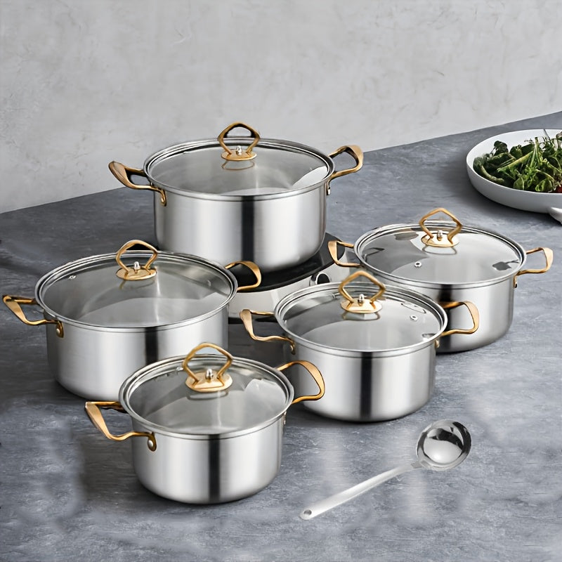 Stainless Steel Cookware Set 11 Pieces with Heat-Resistant Handles and Glass Lids