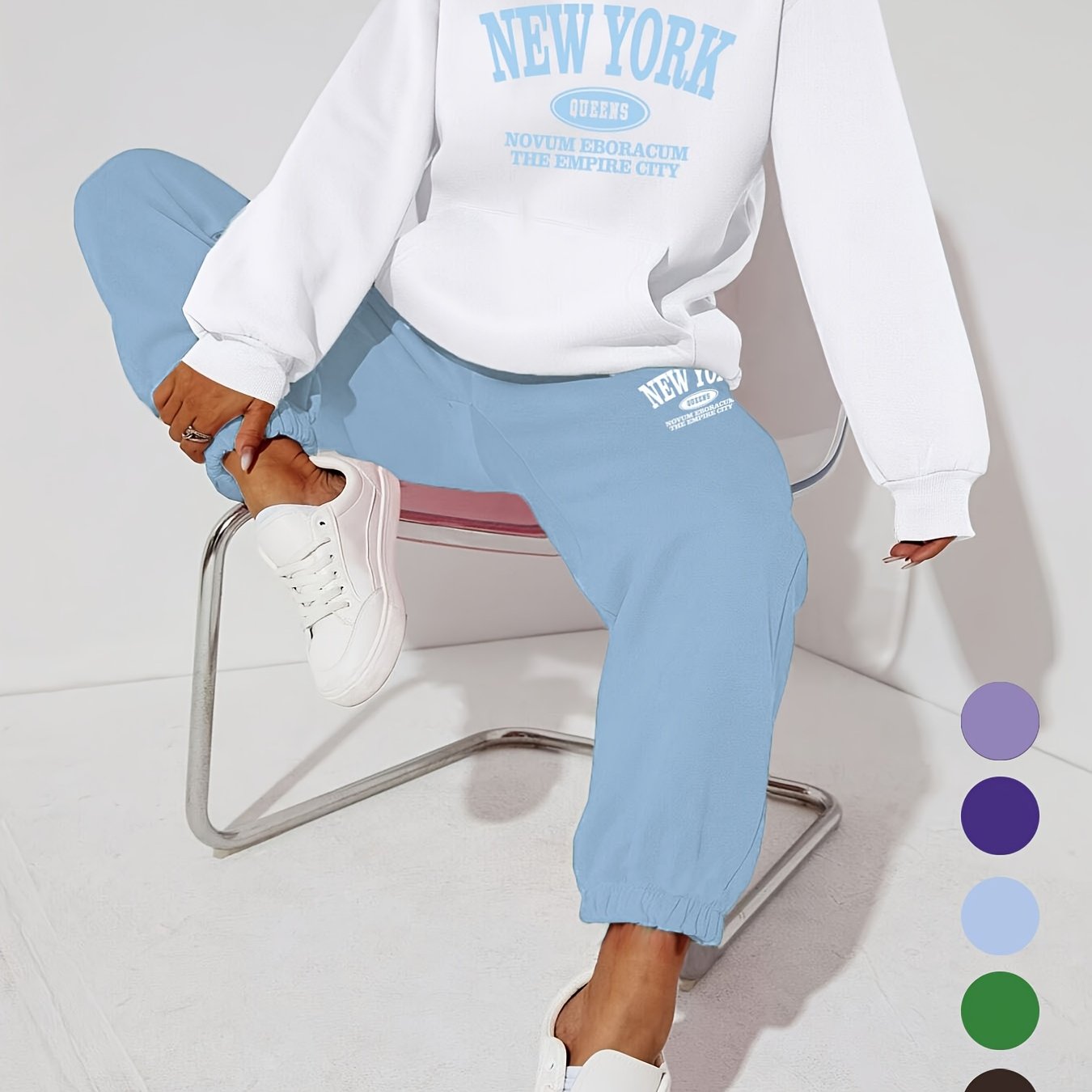 Women's Casual 2-Piece Set Long Sleeve Hooded Sweatshirt and Pants Alphabet Pattern Polyester Knit