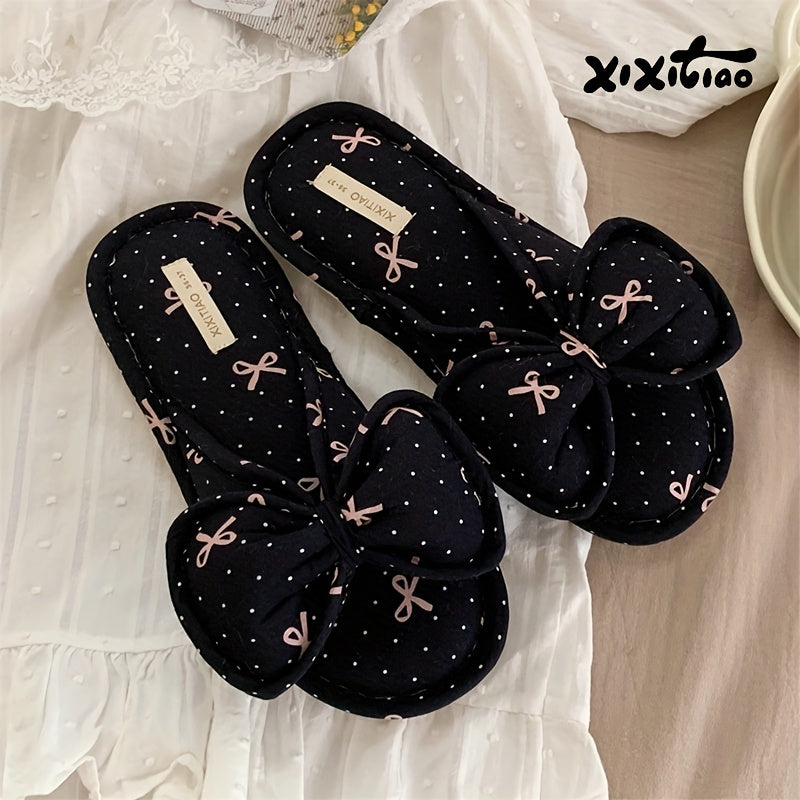 Women's Soft Sole Slip-On Slippers Black White Polka Dot Bow All-Season