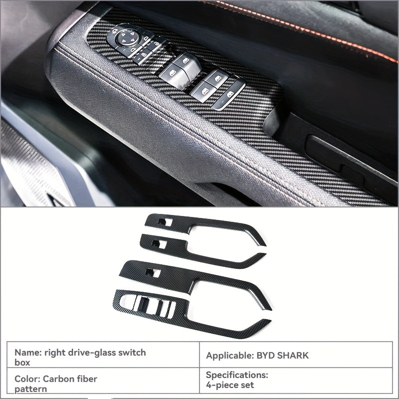 4 dona karbon tolasi teksturasi ABS eshik tutqichlari va oynani o'zgartirish paneli to'plami avtomobil ichki qismi uchun qora va apelsin aksentlari bilan
