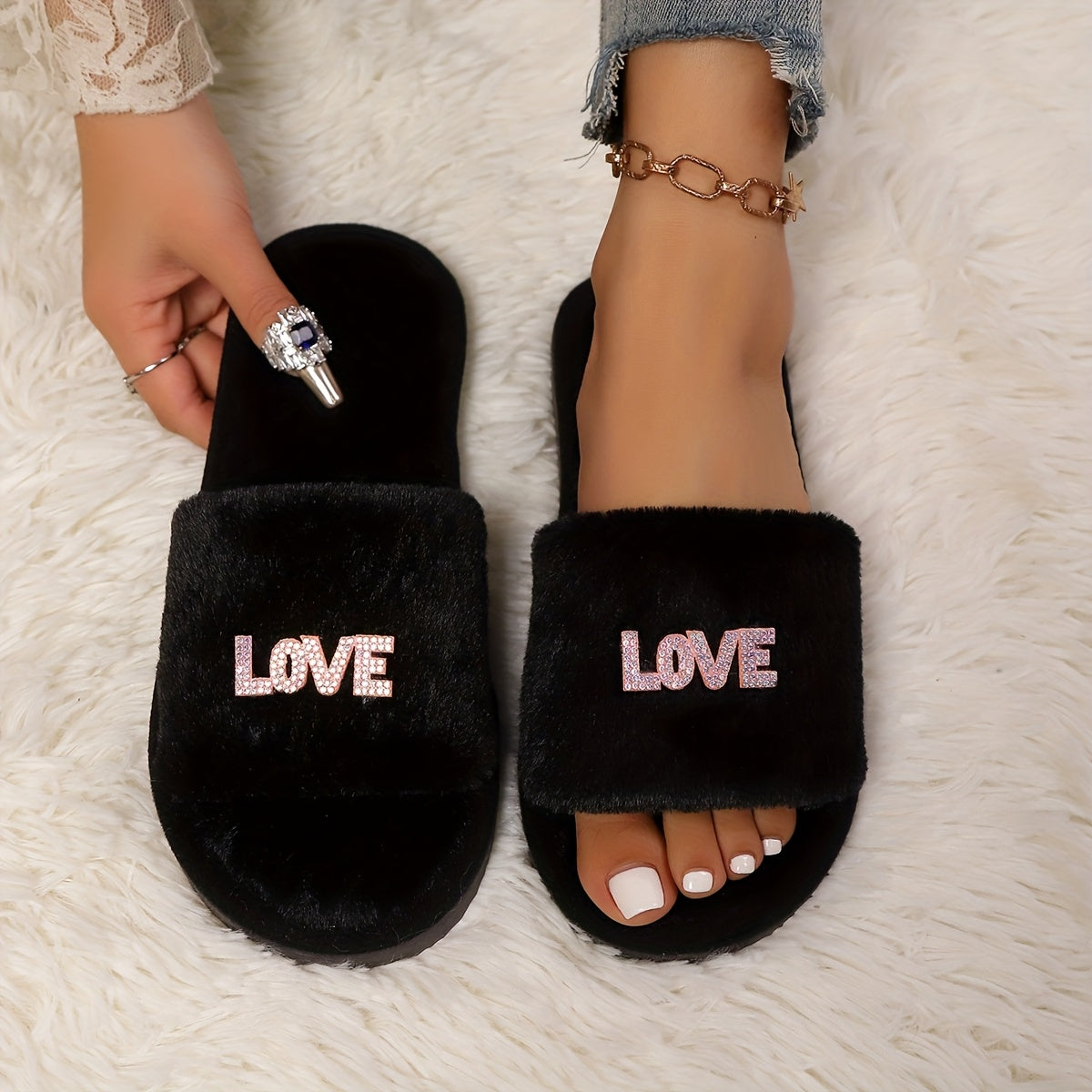 Women's Faux Fur Slip-On Slippers with "LOVE" Print Indoor Outdoor Comfort