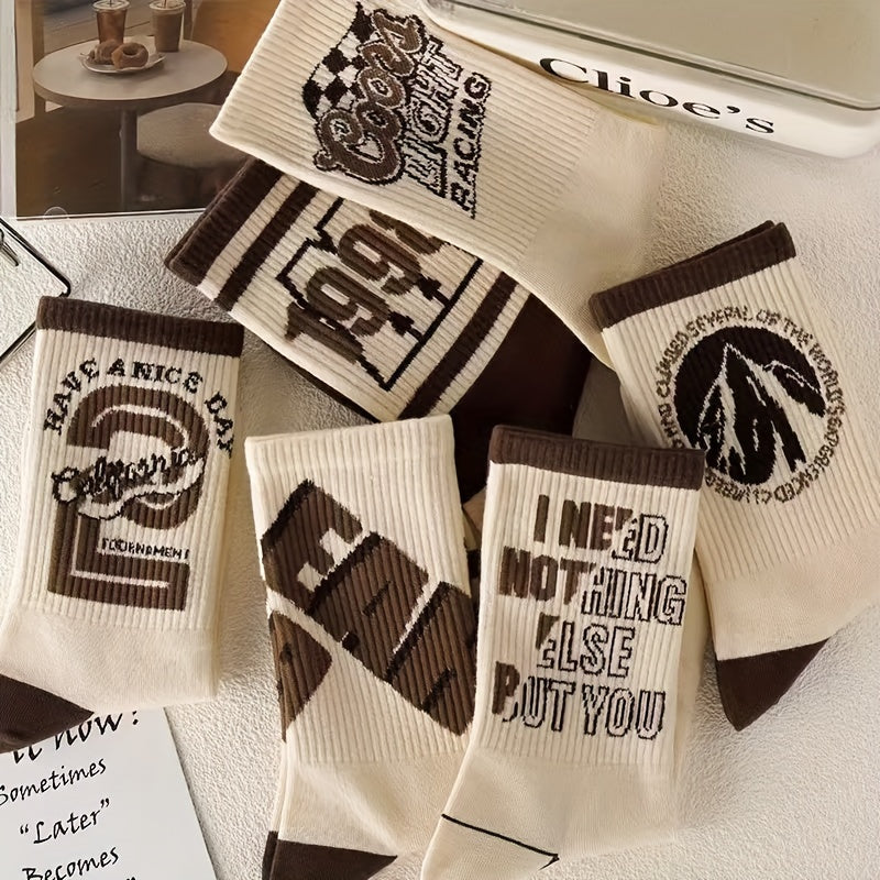 Men's Crew Socks 4 Pairs Retro Letter Pattern Breathable Knit Polyester Outdoor