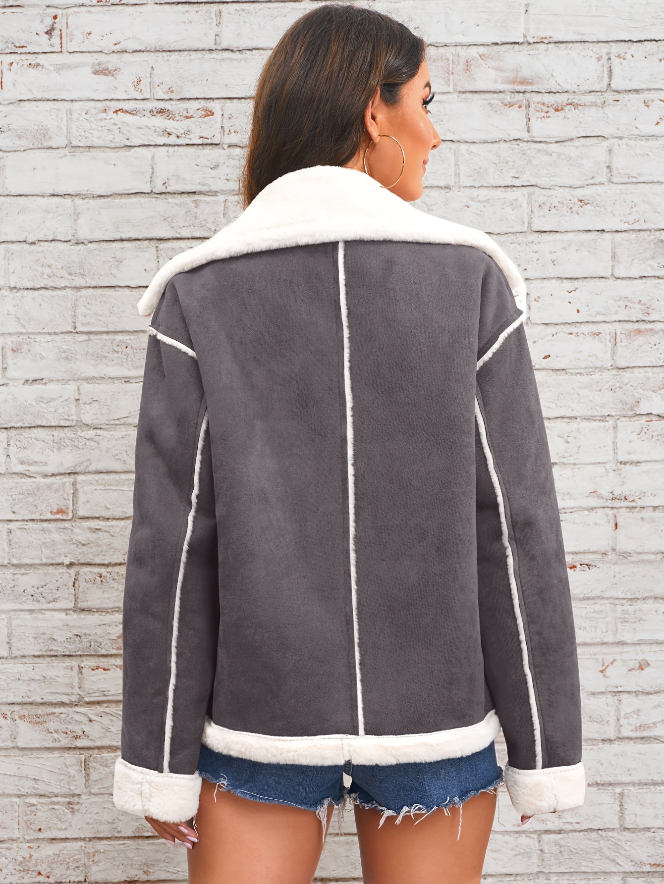 Women's Cozy Plush Lapel Jacket Fall Winter Solid Polyester Casual Biker Outwear