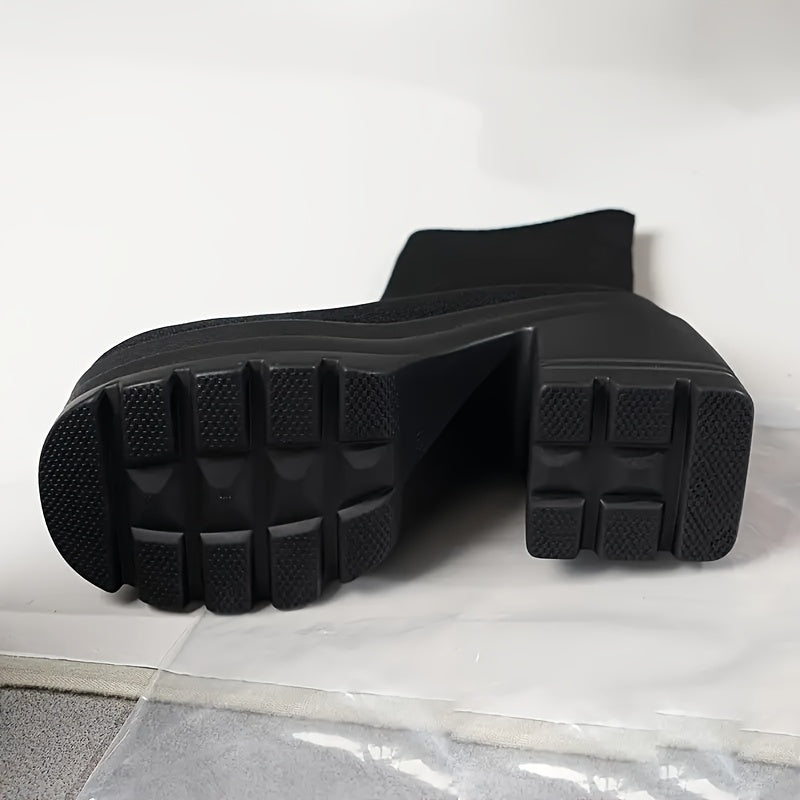 Women’s Chunky Platform Ankle Boots Black Faux Cover Slip-On High Heel