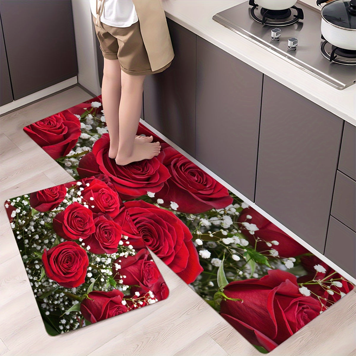 Soft Premium Rose Flower Kitchen Mat Anti-Fatigue Polyester Entryway Bedroom Living Room