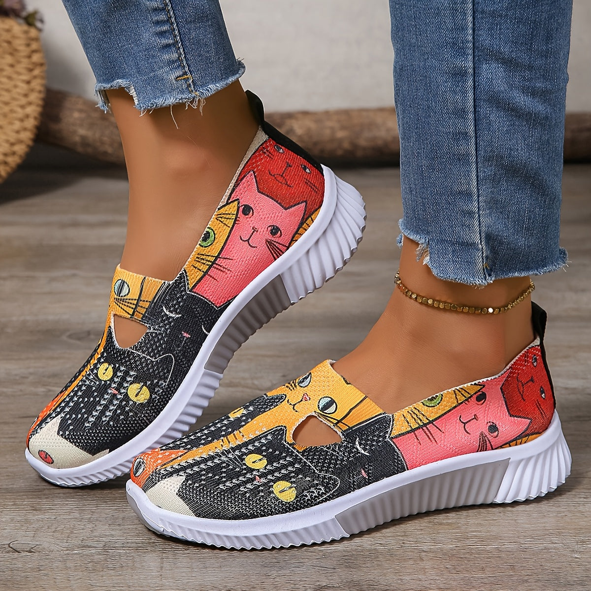 Женские кроссовки с рисунком Cartoon Cat, повседневные легкие летние обувь на slip-on