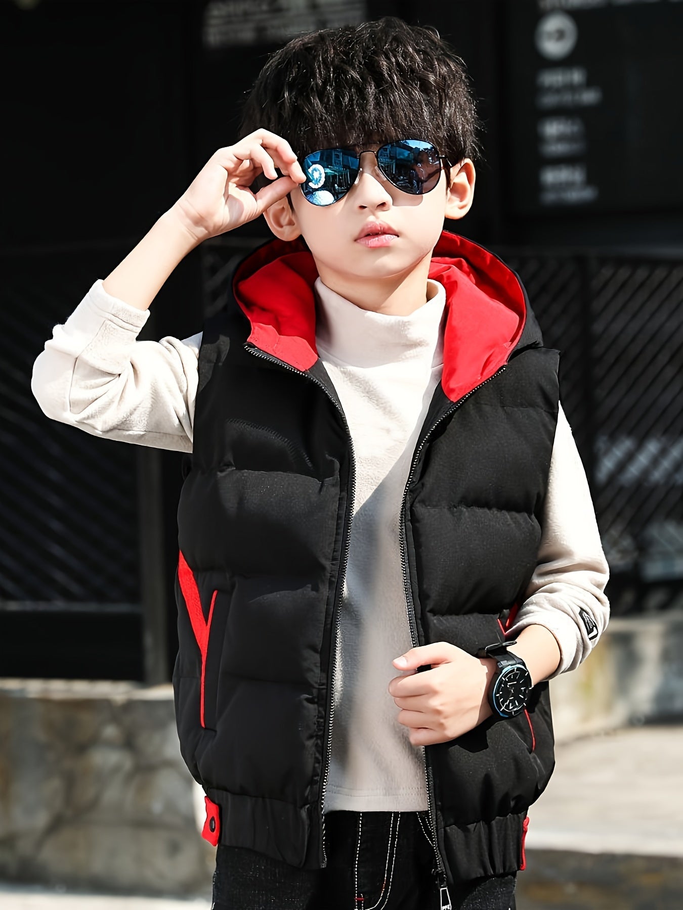 Boys Puffer Vest Hooded Zip-Up Color Block Fall Winter Casual Kids Over 3 Years