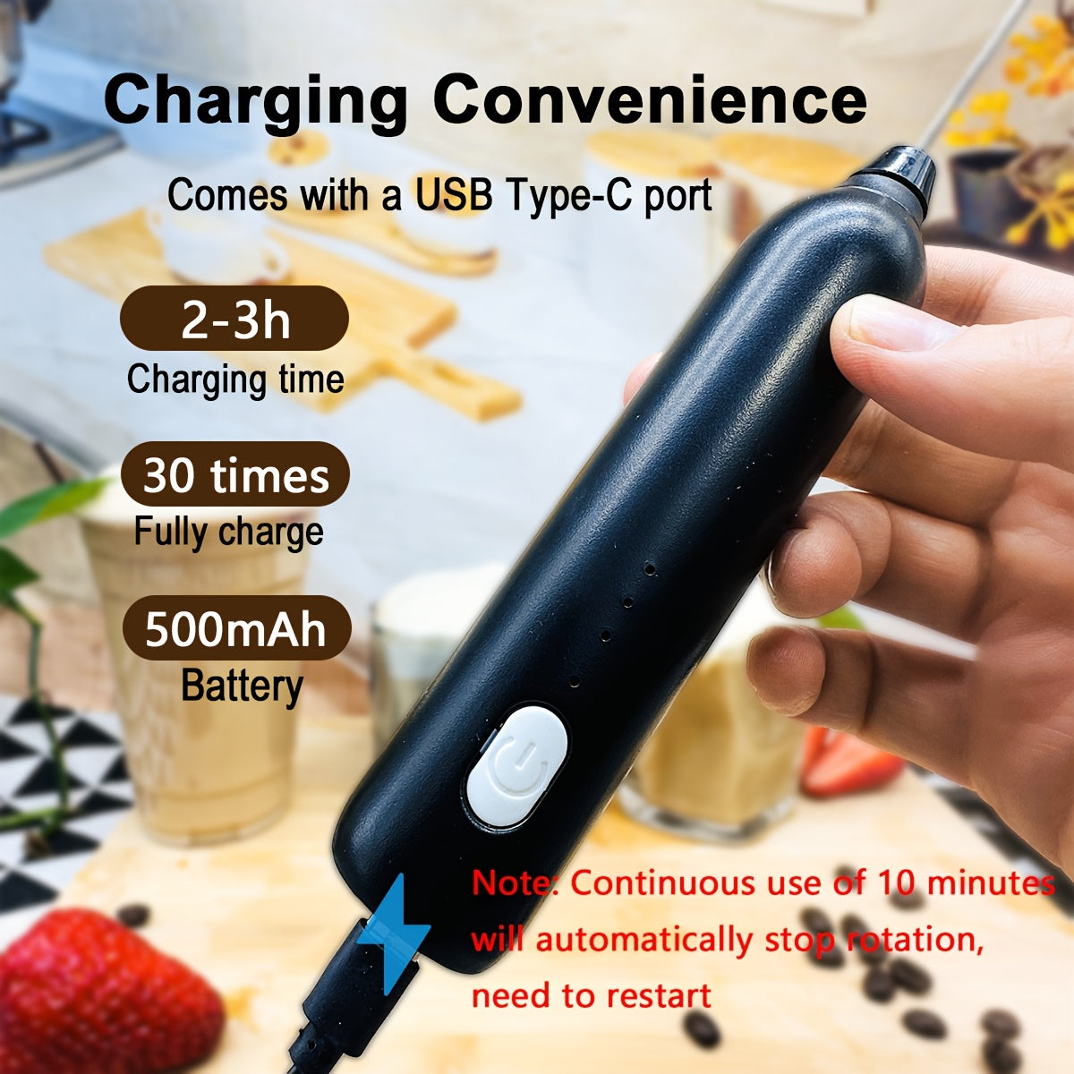 Batidor de leche eléctrico recargable de mano, acero inoxidable, mezclador para café con leche latte