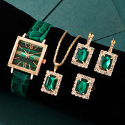 Set of 5 Women's Vintage Square Quartz Watches with Green Dial and Rhinestone Jewelry Set