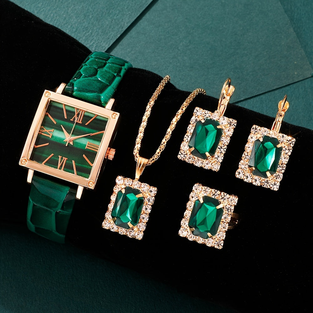 Set of 5 Women's Vintage Square Quartz Watches with Green Dial and Rhinestone Jewelry Set
