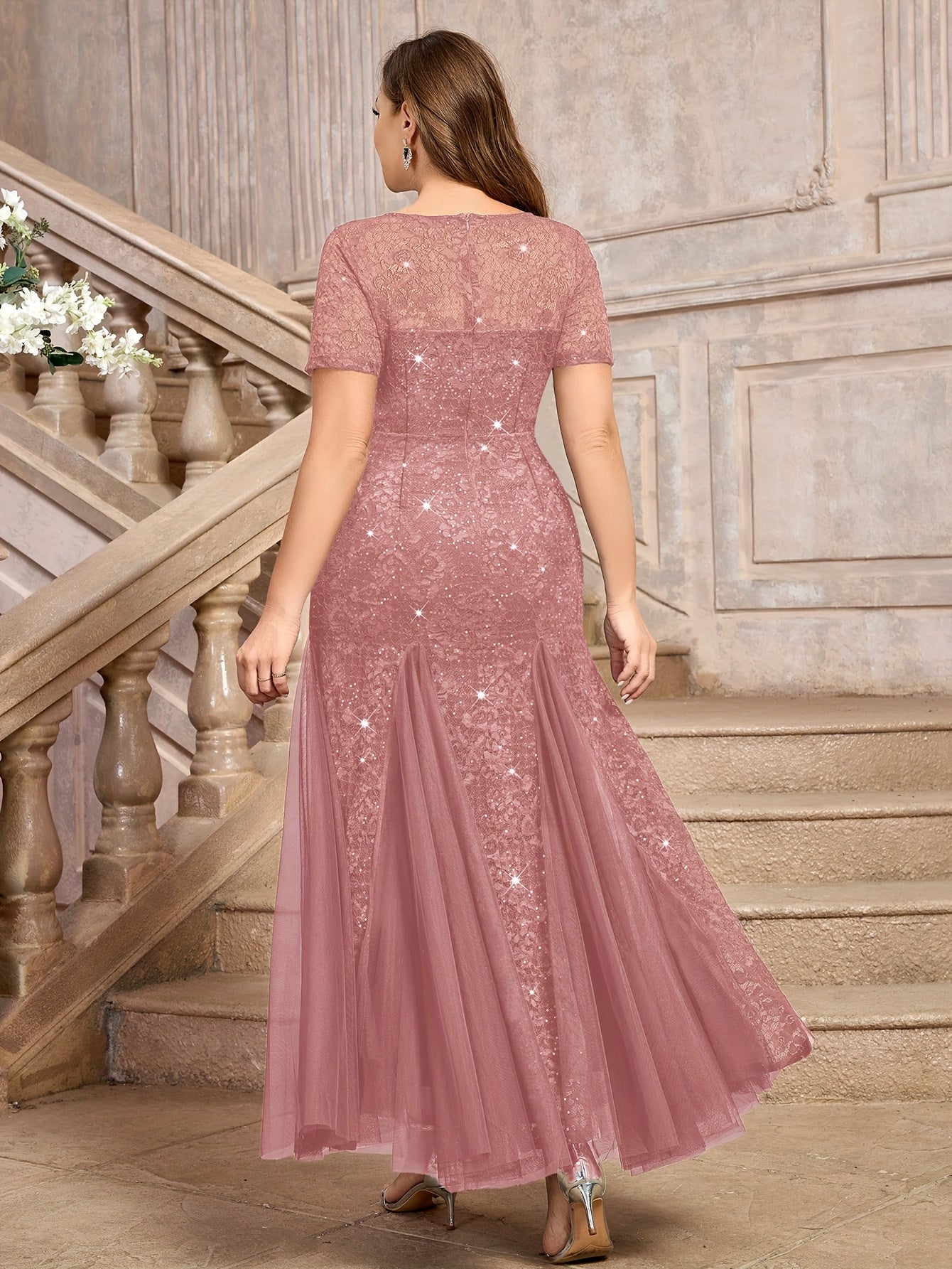 Plus Size Women's Navy Blue Sequin Lace Mermaid Maxi Dress for Formal Events