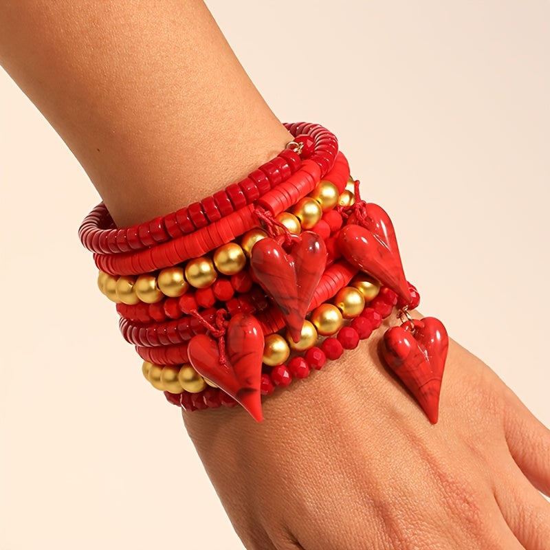 Red Beaded Heart Pendant Bracelet for Women Bohemian Valentine's Day Accessory