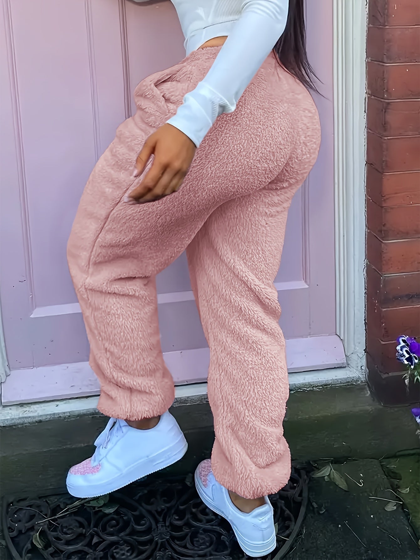 Women's Fuzzy Polyester Lounge Pants with Elastic Waistband and Pocket