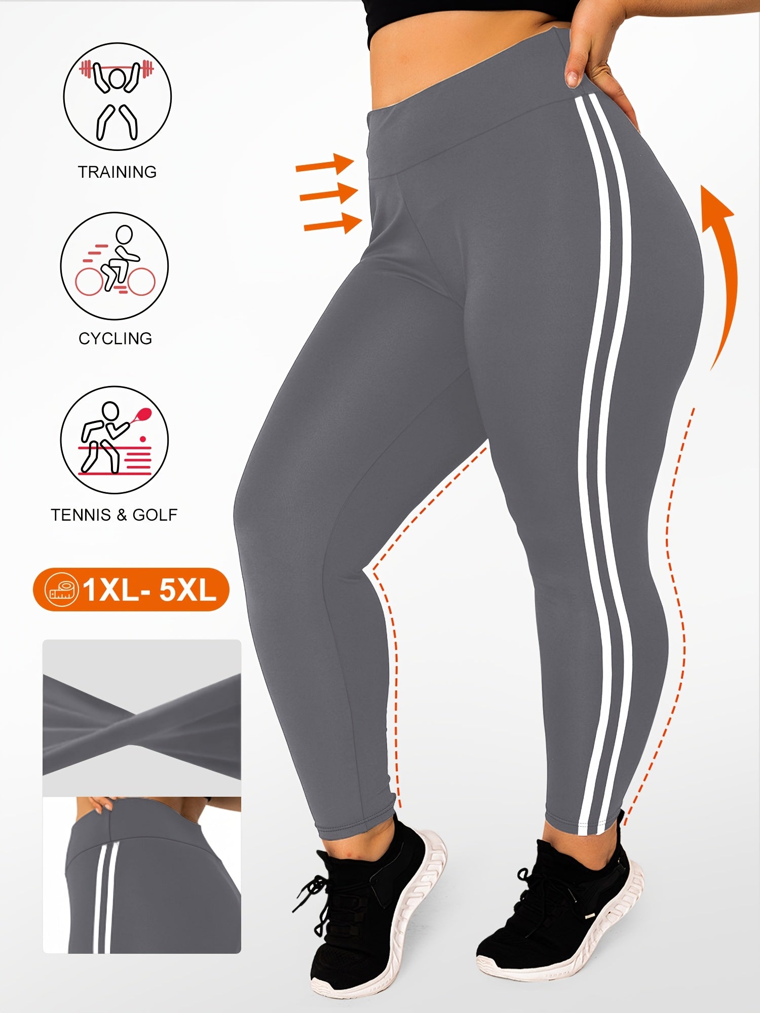 Plus Size High Waist Skinny Leggings Polyester Knit Solid Color Side Stripes All-Season Yoga Pants