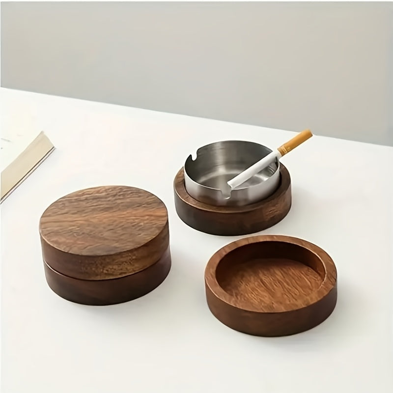 Wooden Circular Ashtray for Living Room and Office Stainless Steel Cover