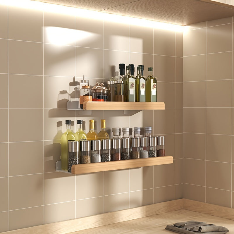 Wood and Metal Wall-Mounted Spice Rack with Hooks for Kitchen Storage